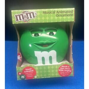 M&M Green Candy Christmas Ornament Musical Sings‎ Animated Eyes & Mouth Move